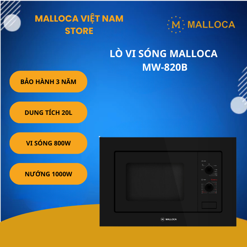 Lò Vi Sóng Malloca MW-820B – Dung Tích 20L – 5 Mức Công Suất Vi Sóng – Điều Khiển Núm Vặn