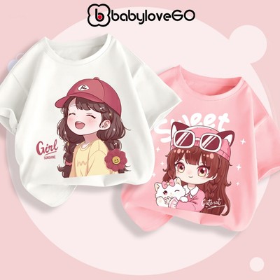 Áo thun bé gái ngắn tay BabyloveGO áo phông cotton cho bé in hình dễ thương siêu Hot
