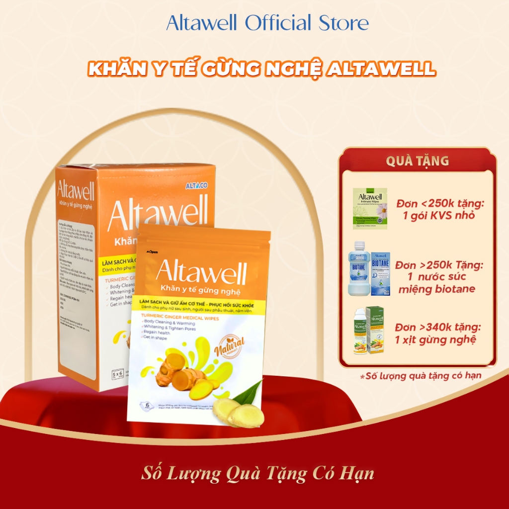 Khăn Y Tế Gừng Nghệ Altawell - Hỗ Trợ Làm Sạch Khử Mùi Sáng Da Giữ Ấm, Dùng Được Cho Mẹ Bầu, Mẹ Sau Sinh