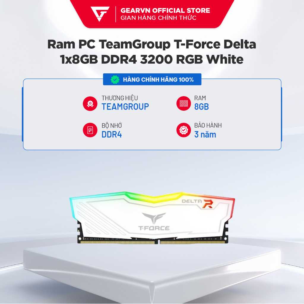 Ram PC TeamGroup T-Force Delta 1x8GB DDR4 3200 RGB White