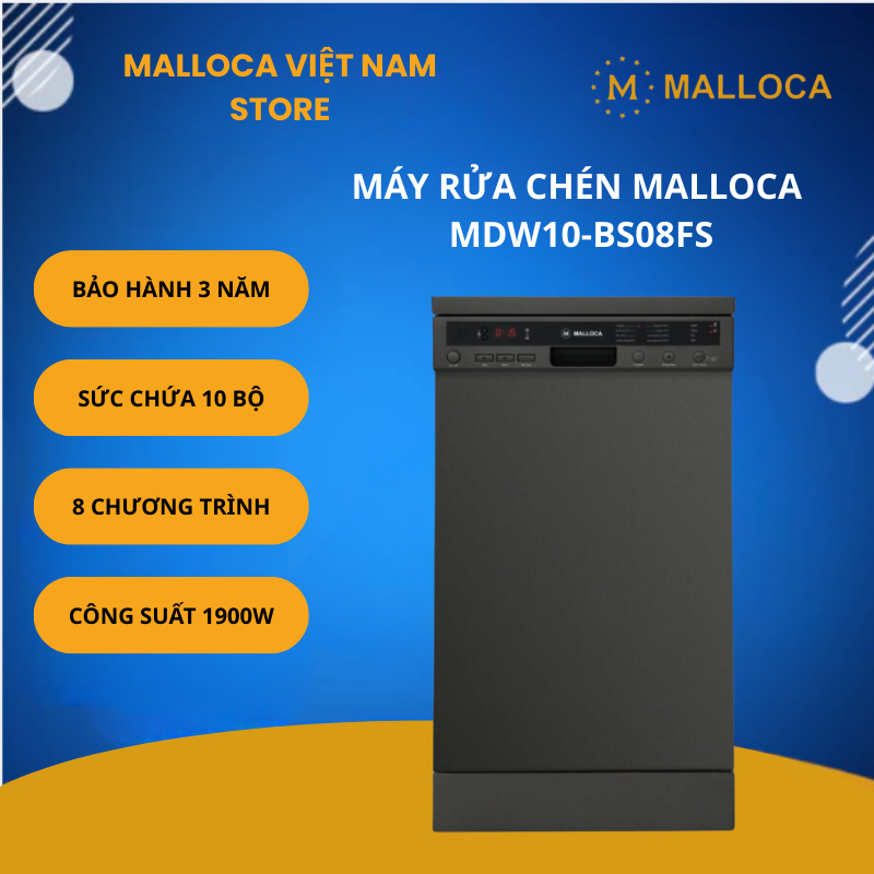 Máy Rửa Chén Malloca MDW10-BS08FS – Sức Chứa 10 Bộ Chén Dĩa – Chức Năng Auto Door
