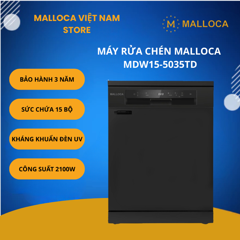 Máy Rửa Chén Malloca MDW15-5035TD – Sức Chứa 15 Bộ Chén Dĩa – Màn Hình LED