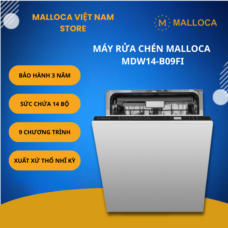 Máy Rửa Chén Malloca MDW14-B09FI – Sức Chứa 14 Bộ Chén Dĩa – 9 Chương Trình Rửa – Sấy Khô Hoàn Toàn