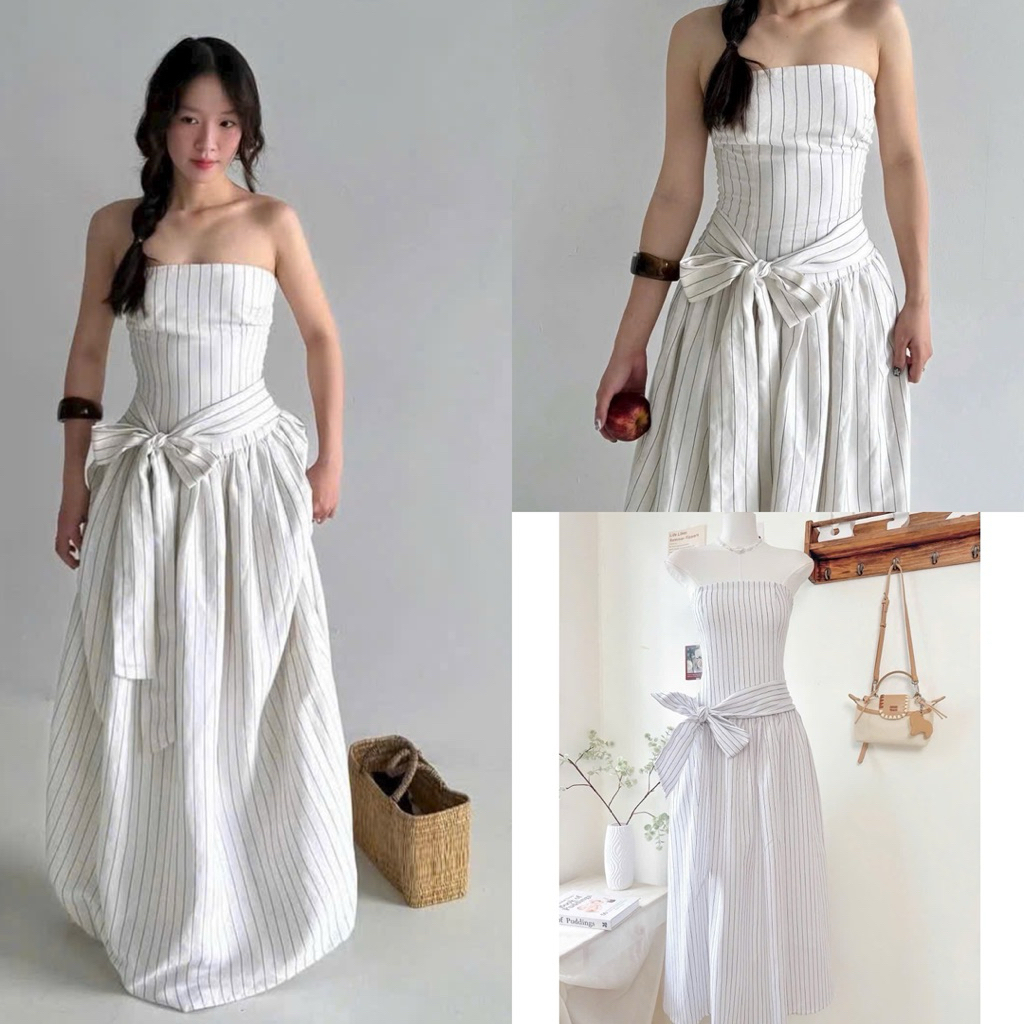 ( Sam’s Clothing ) Đầm midi nữ sọc cúp ngực nhúng thun nơ eo xinh xắn