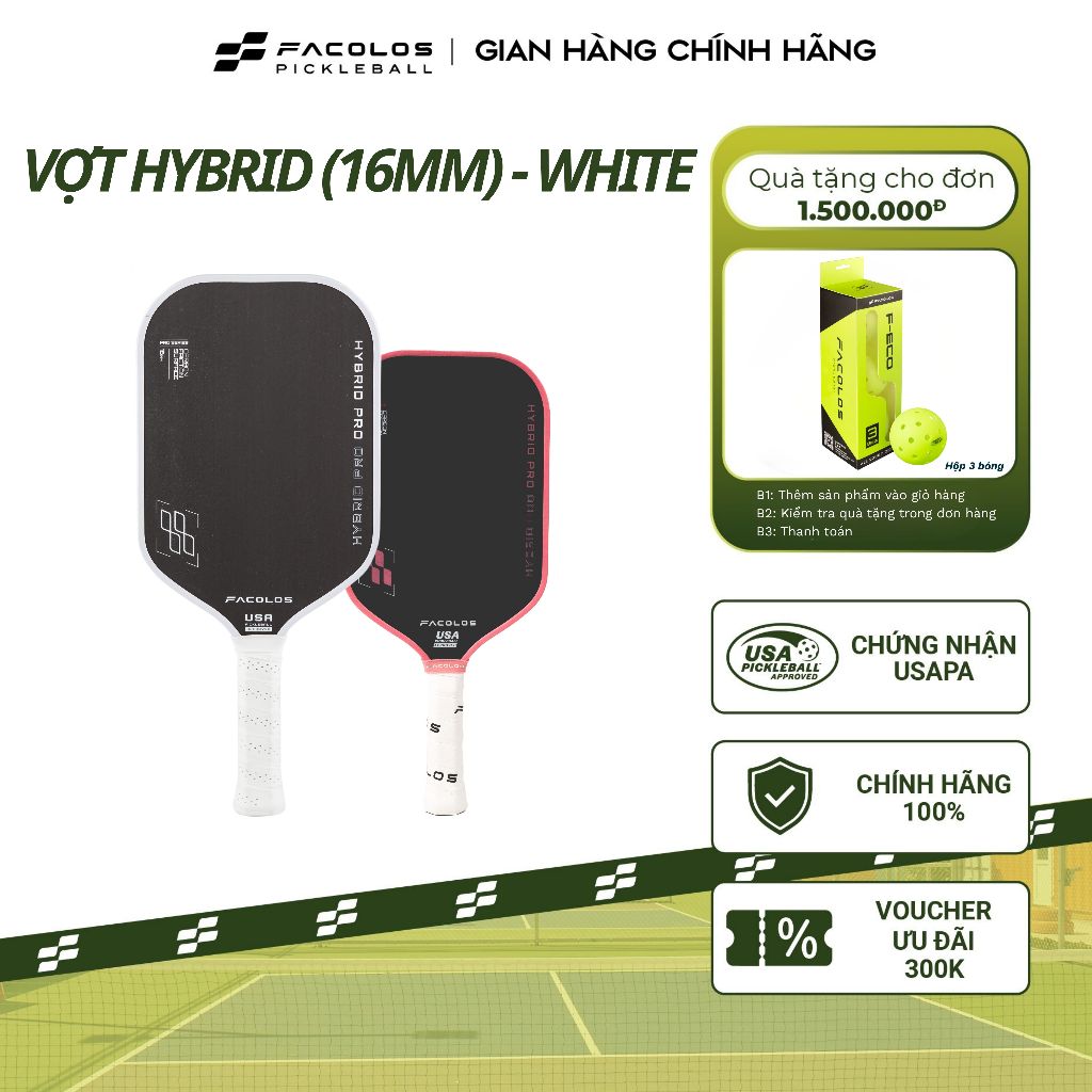 Vợt Pickleball Facolos Pro Series - Hybrid Pro 16MM - White (USA Pickleball APPROVED)