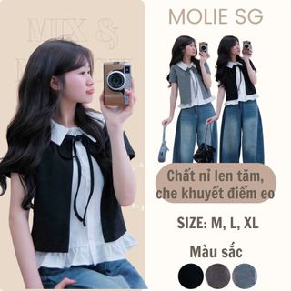 Áo Nỉ Thun Phối Cổ Dây Nơ Viền Bèo CỘC TAY A3858 Molie Offical Thời Trang Nữ Áo Cộc Tay Kiểu Đẹp
