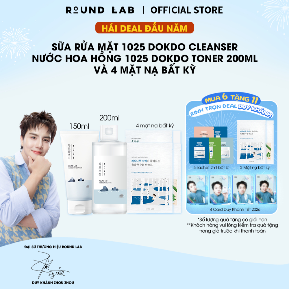 [DEAL TẾT] Combo Nước hoa hồng Round Lab 1025 Dokdo Toner 200ml & Sữa rửa mặt 1025 Dokdo Cleanser 15