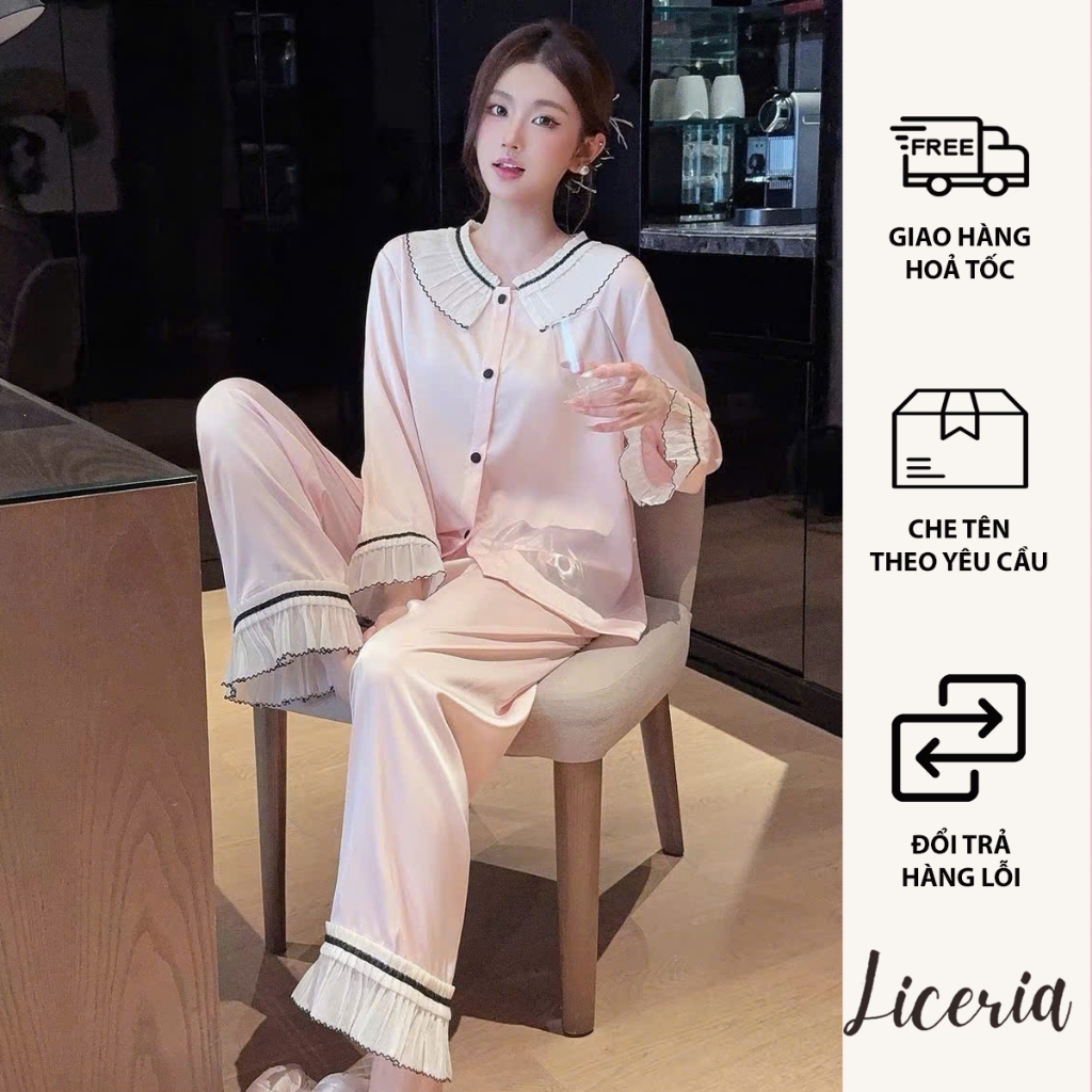Bộ Đồ Ngủ Dài Tay LICERIA Chất Lụa Băng Cổ Xếp Ly Sang Trọng Và Tinh Tế Phong Cách Ngọt Ngào Và Than