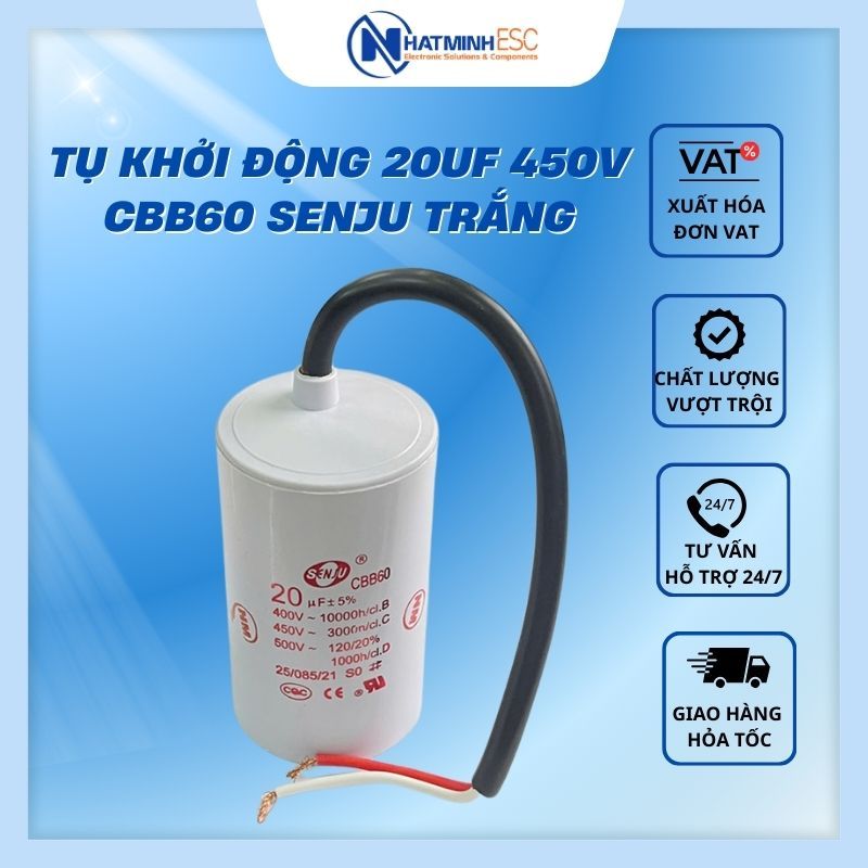 Tụ khởi động 20uF 450V CBB60 SENJU trắng