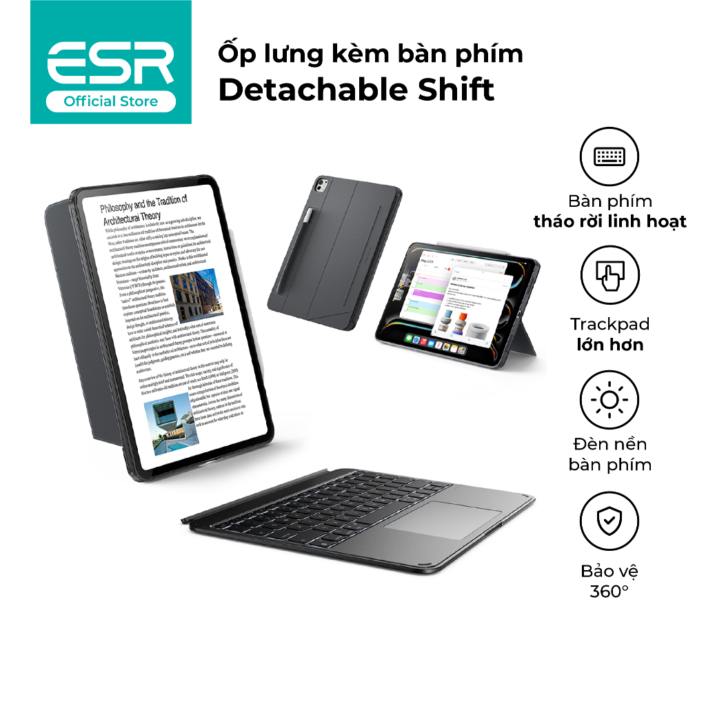 Ốp lưng kèm bàn phím ESR Detachable Shift dành cho iPad Air 4/5/6 & Gen 11/A16/10 tháo rời linh hoạt
