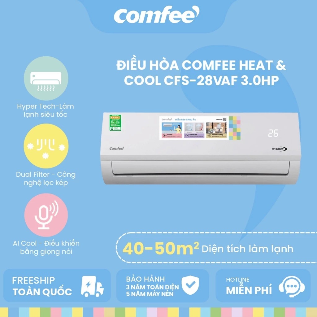 [FREESHIP KHÔNG LẮP ĐẶT] Máy Lạnh COMFEE Inverter 3HP CFS-28VAF 27000 BTU| Chính hãng, Bảo hành 36 t