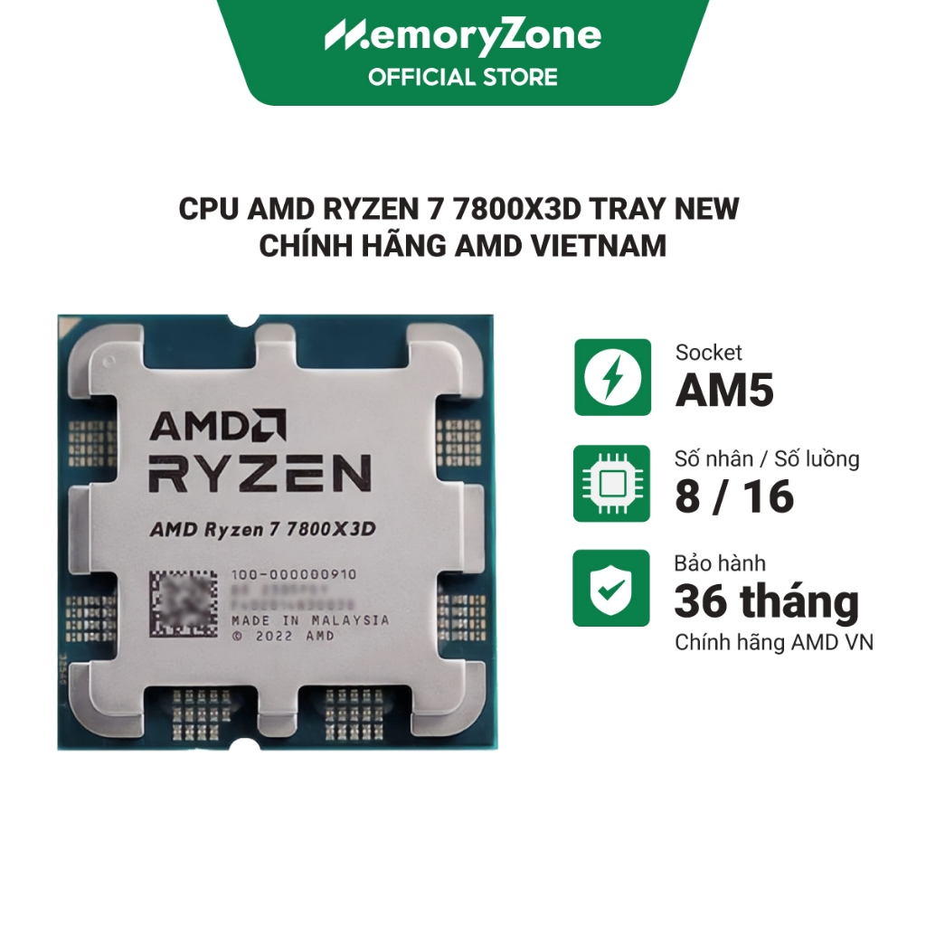 Bộ vi xử lý CPU AMD Ryzen 7 7800X3D 4.2GHz 8 cores 16 threads 104MB 100-000000910 ( Tray New AMD VN 