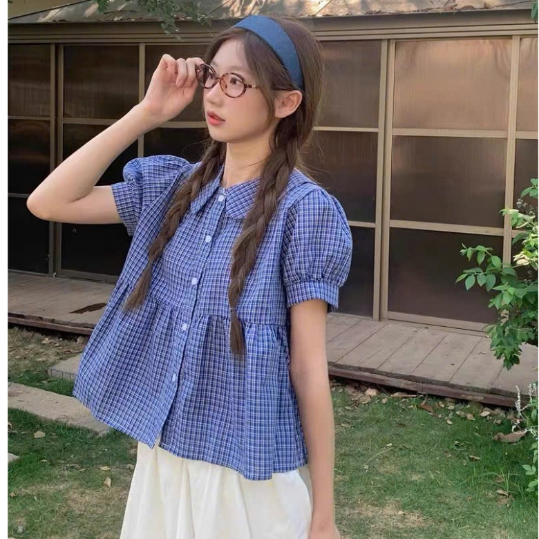Áo Babydoll Kẻ Caro Nhỏ Cổ Sen Tay Bồng Chất Thô Cotton, Áo Sơ Mi Nữ Kiểu Dễ Thương [ Dead Mở Bán Giá Tri Ân ]