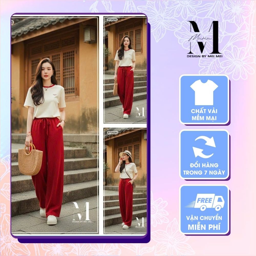 Set Bộ Nữ MeiMei Áo Thun Nữ Phối Quần Ống Rộng Đỏ Basic Thời Trang Thanh Lịch ST25291