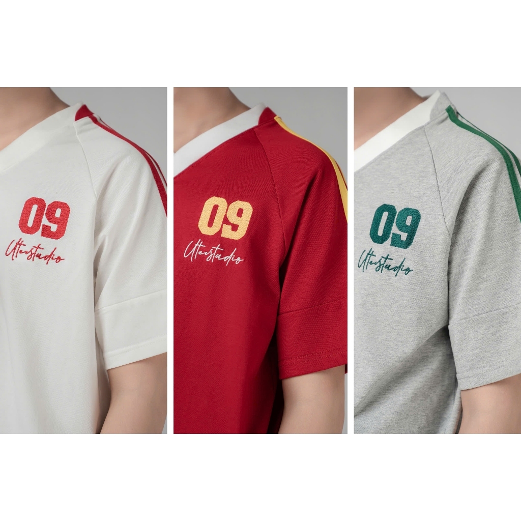 Áo Thun Thêu 09 Cổ Tim 2 Sọc Line Phối Cổ Chất Liệu Bóng Thái Unisex Nam Nữ UTEESTUDIO Menswear Top | BigBuy360 - bigbuy360.vn