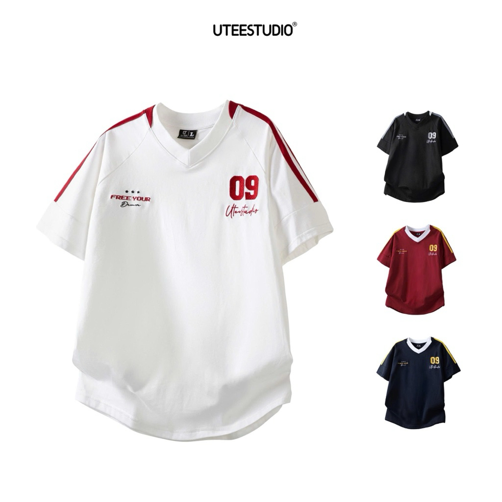 Áo Thun Thêu 09 Cổ Tim 2 Sọc Line Phối Cổ Chất Liệu Bóng Thái Unisex Nam Nữ UTEESTUDIO Menswear Top | BigBuy360 - bigbuy360.vn