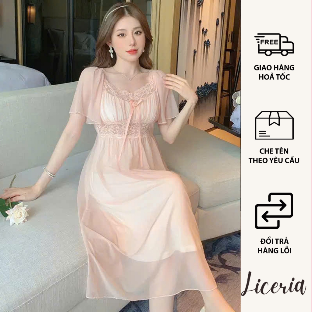 Đầm Ngủ Ngắn Tay LICERIA Kiểu Pháp Chất Voan Lưới Phong Cách Công Chúa Ngọt Ngào Và Gợi Cảm