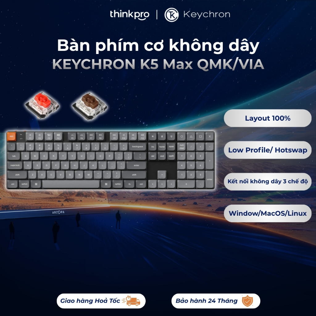 Bàn phím cơ không dây Low Profile KEYCHRON K5 Max QMK/VIA Hotswap (Red/Brown Switch) RGB kết nối Win