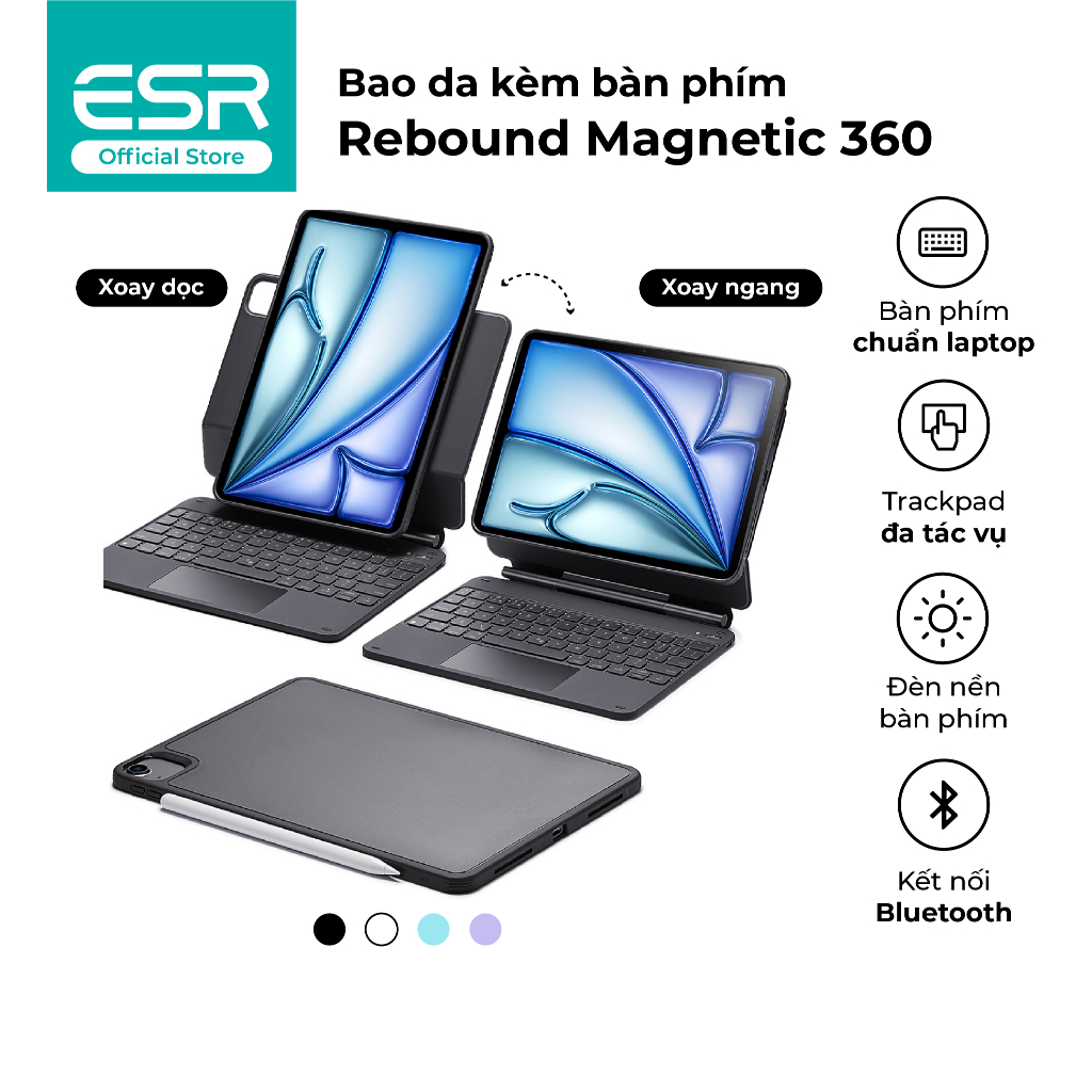 Bao da kèm bàn phím iPad ESR Magnetic Rebound 360 Bảo vệ toàn diện 3 góc xem cho Air 11" 13" (2024/2