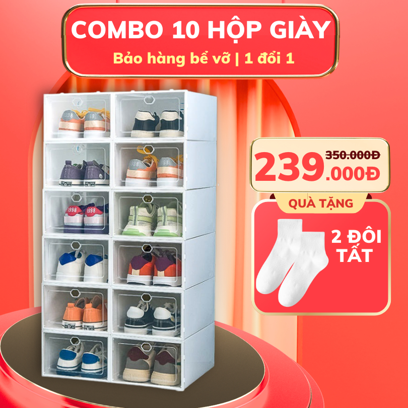 Combo 10 Hộp Đựng Giày Nắp Nhựa Cứng Trong Suốt, Kệ Tủ Sắp Xếp Giày Dép Chịu Lực 6kg Size To