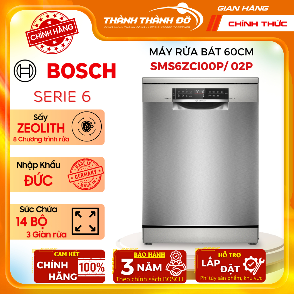 Máy rửa chén Bosch series 6 SMS6ZCI00P/SMS6ZCI02P 2025, Nhập Đức, Công Nghệ Sấy Zeolith & Diệt Khuẩn
