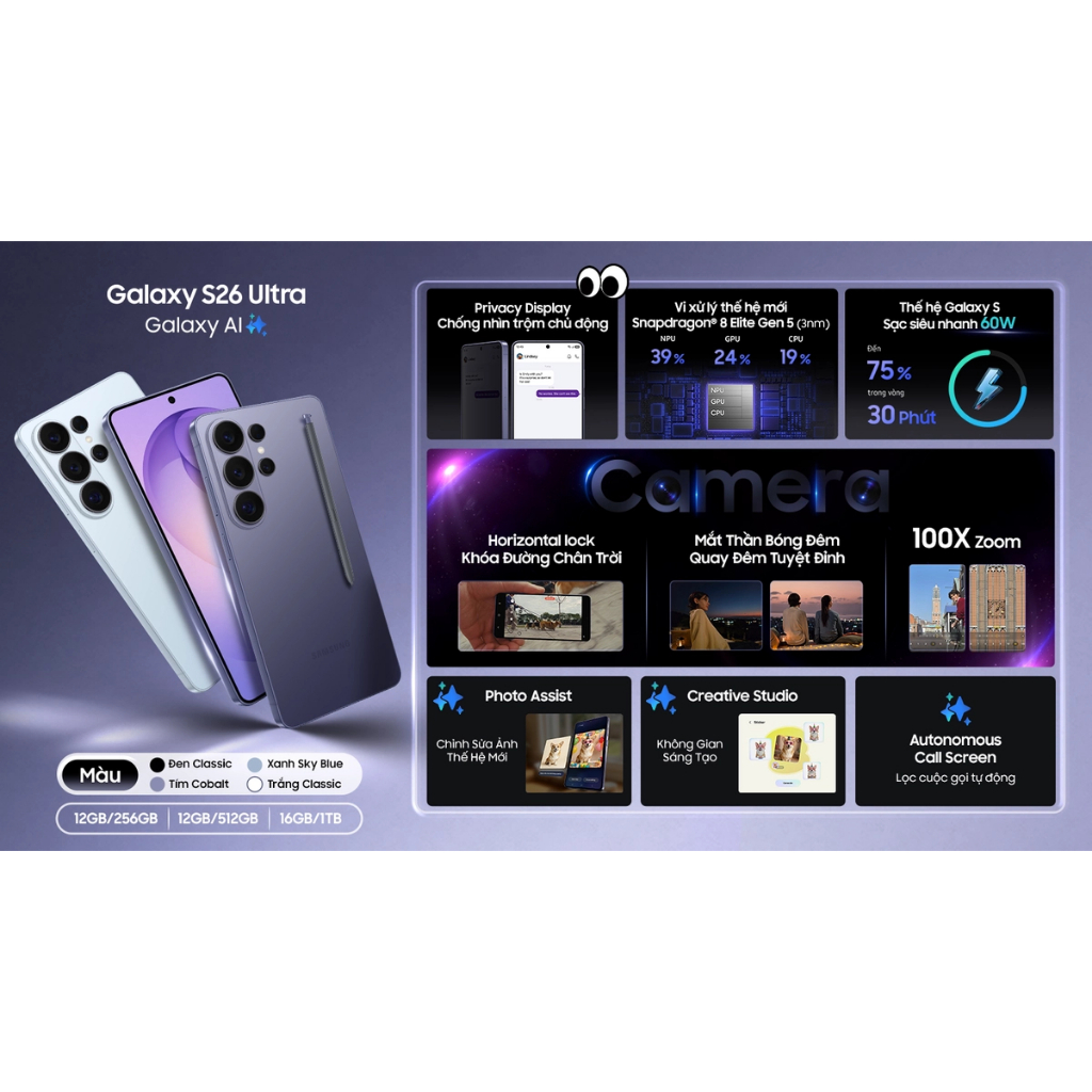 Điện thoại Samsung Galaxy S26 Ultra 12GB/16GB 6.7 inches, Snapdragon 8 Gen 5 Dynamic AMOLED 2X - Chính hãng | BigBuy360 - bigbuy360.vn