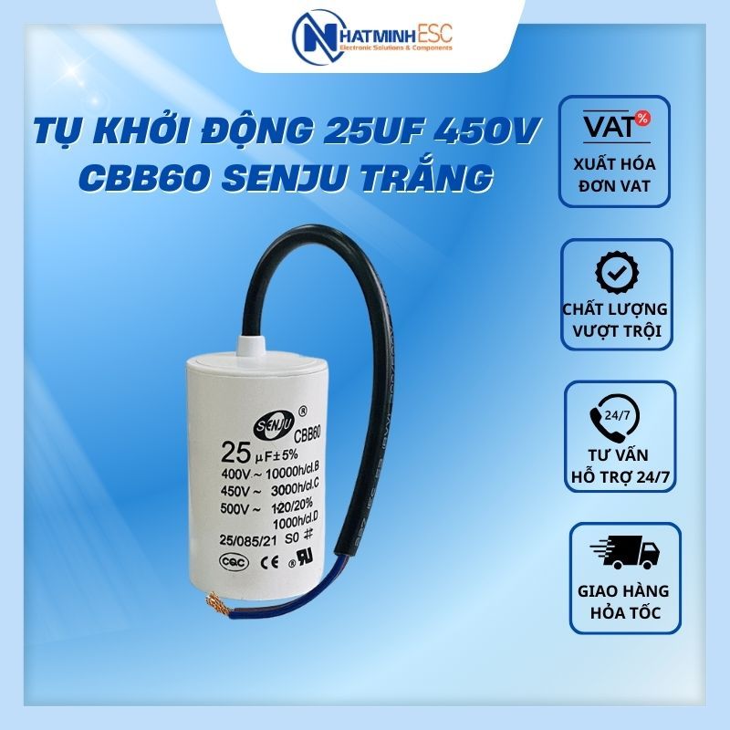 Tụ khởi động 25uF 450V CBB60 SENJU trắng