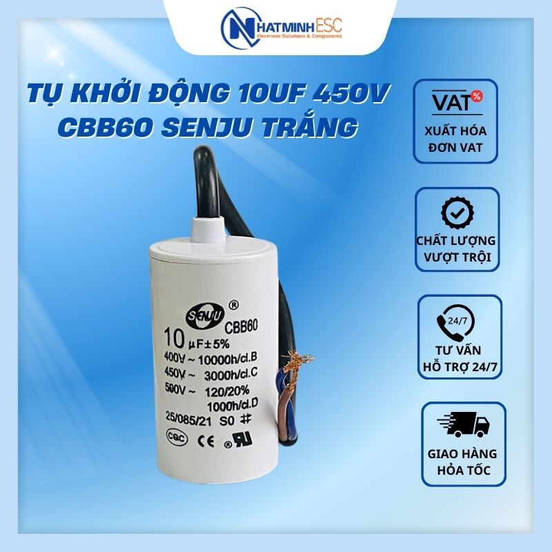 Tụ khởi động 10uF 450V CBB60 SENJU trắng
