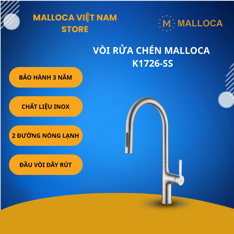 Vòi Rửa Chén K1726-SS – Inox 304 – Kiểu Dáng Dây Rút – Chống Văng Nước – Bảo Hành 3 Năm