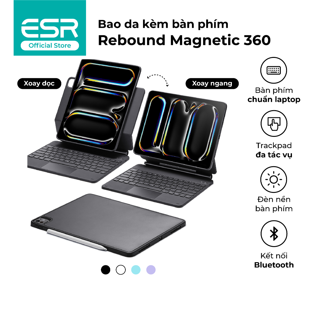 Ốp lưng bao da iPad kèm bàn phím ESR Magnetic Rebound 360 Bảo vệ toàn diện 3 góc xem cho Pro 11" 13"