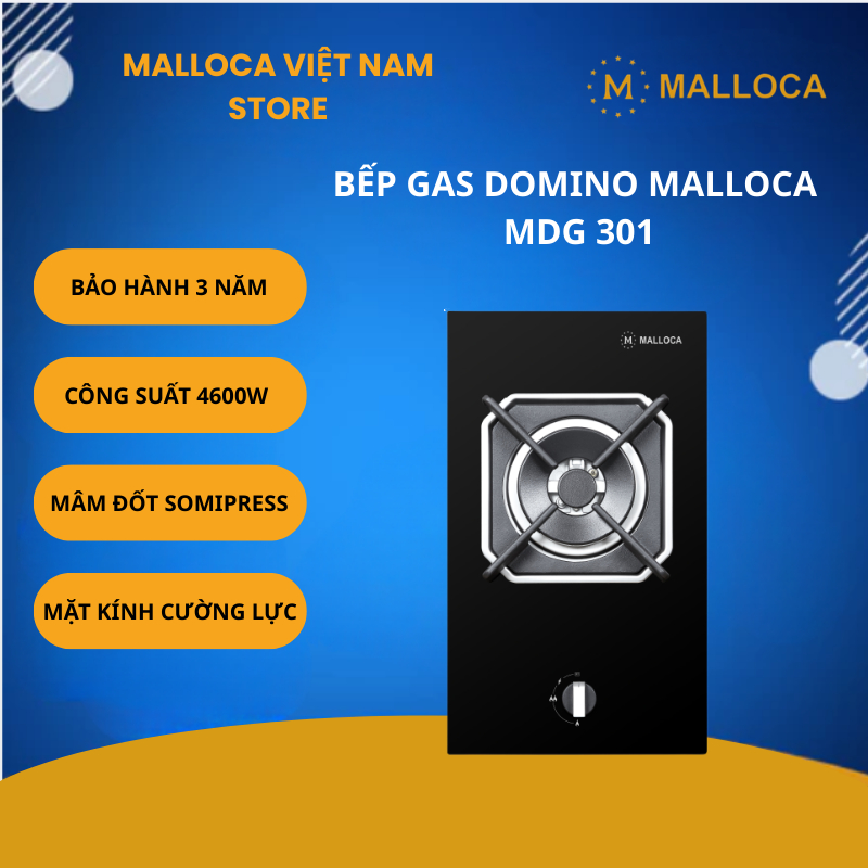 Bếp Gas Malloca Domino MDG 301 – Công Suất 4600W – Mặt Kính Cường Lực Đen Sang Trọng