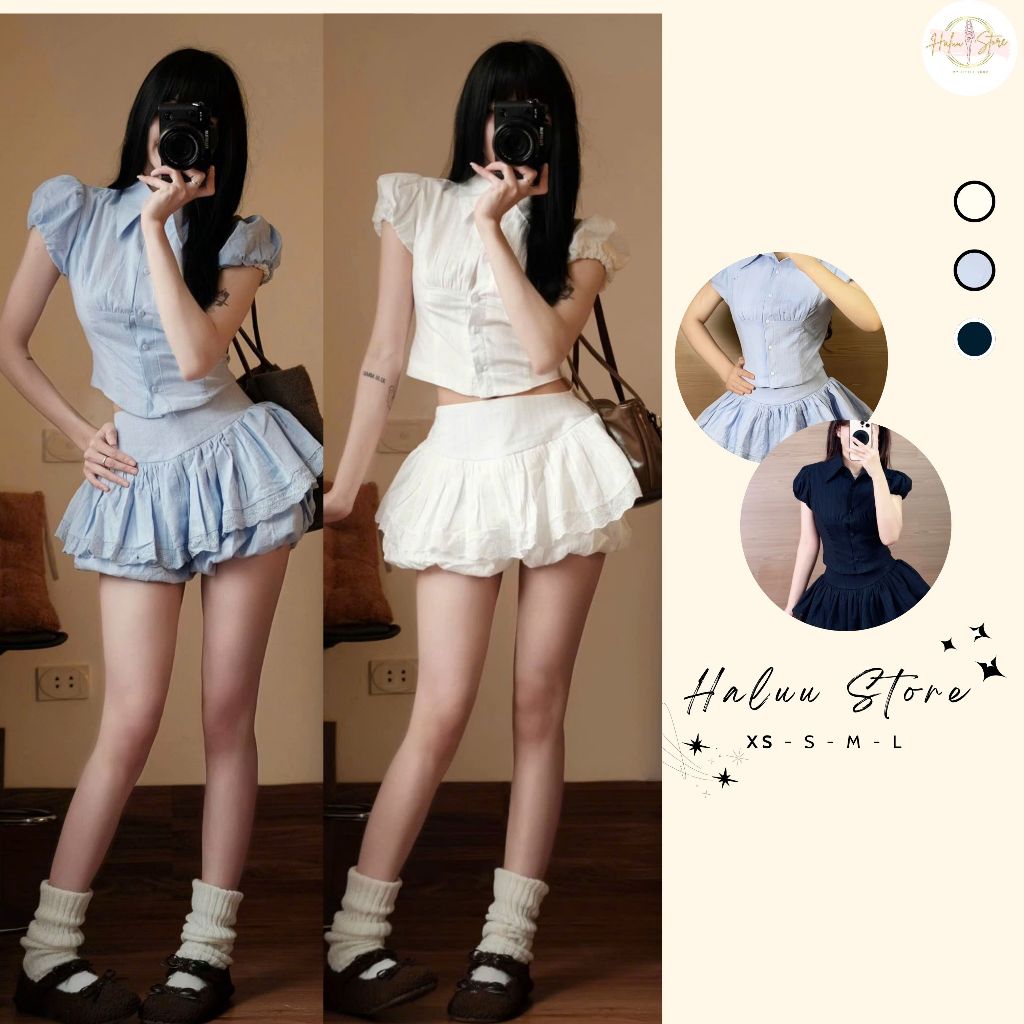 Set áo sơ mi tay bồng + Quần bí giả váy HH106 HaLuu Store phong cách năng động trẻ trung cho nữ | BigBuy360 - bigbuy360.vn