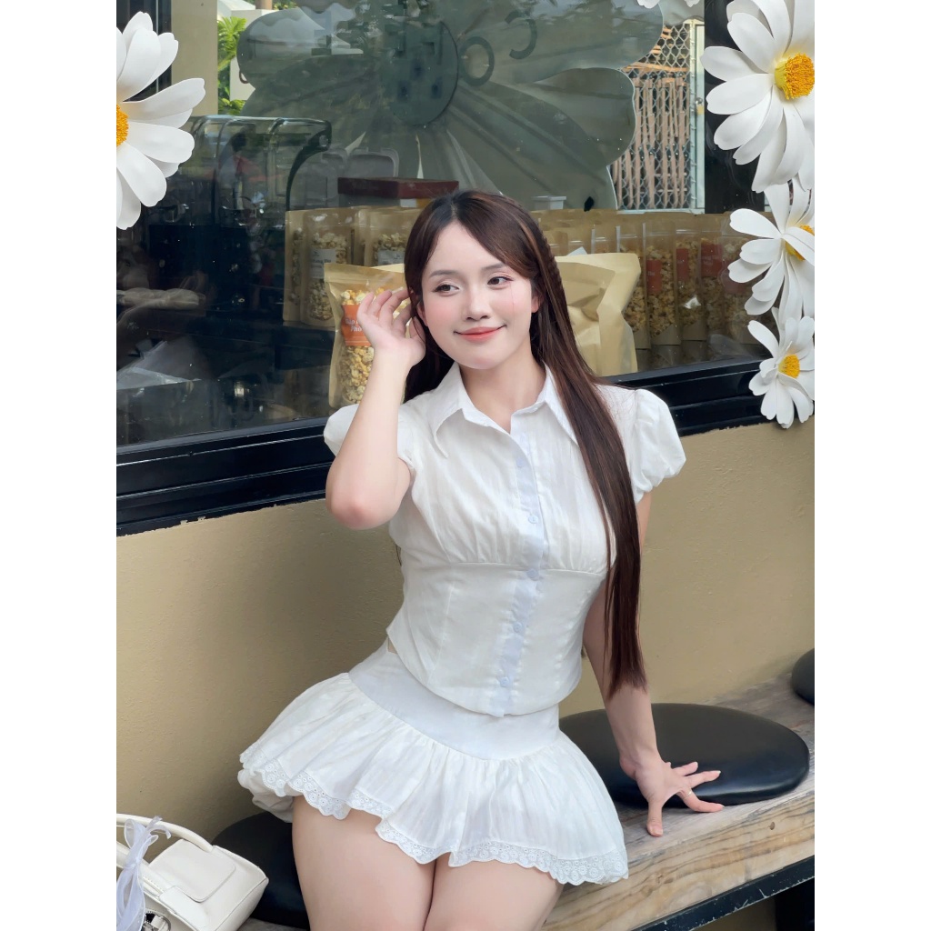 Set áo sơ mi tay bồng + Quần bí giả váy HH106 HaLuu Store phong cách năng động trẻ trung cho nữ | BigBuy360 - bigbuy360.vn