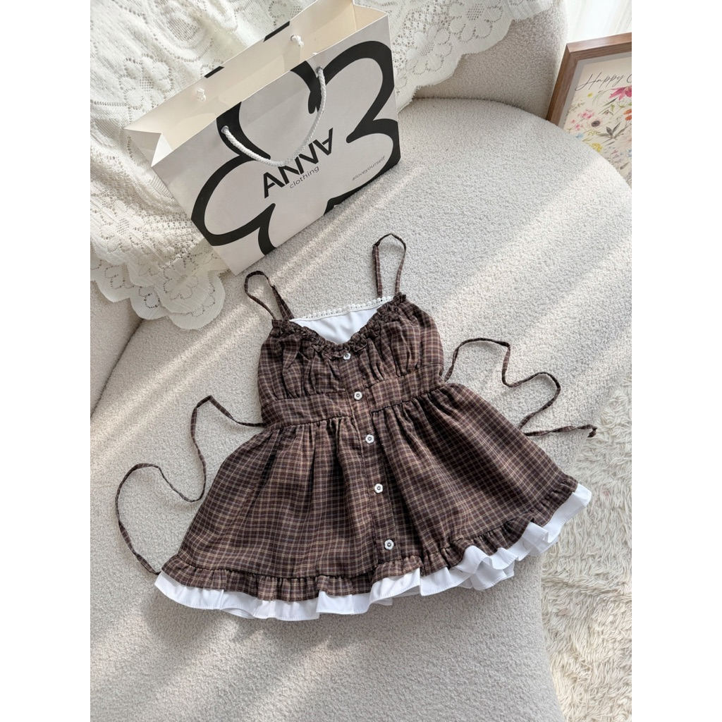 Áo Kiểu Nữ Hai Dây Caro Nâu Anna - Abby Top