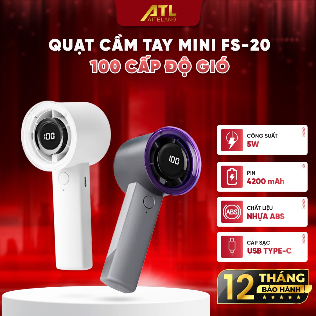 Quạt cầm tay mini màn hình LED, quạt tích điện FS20 pin 4200mAh, mang đi du lịch, đi học, đi làm