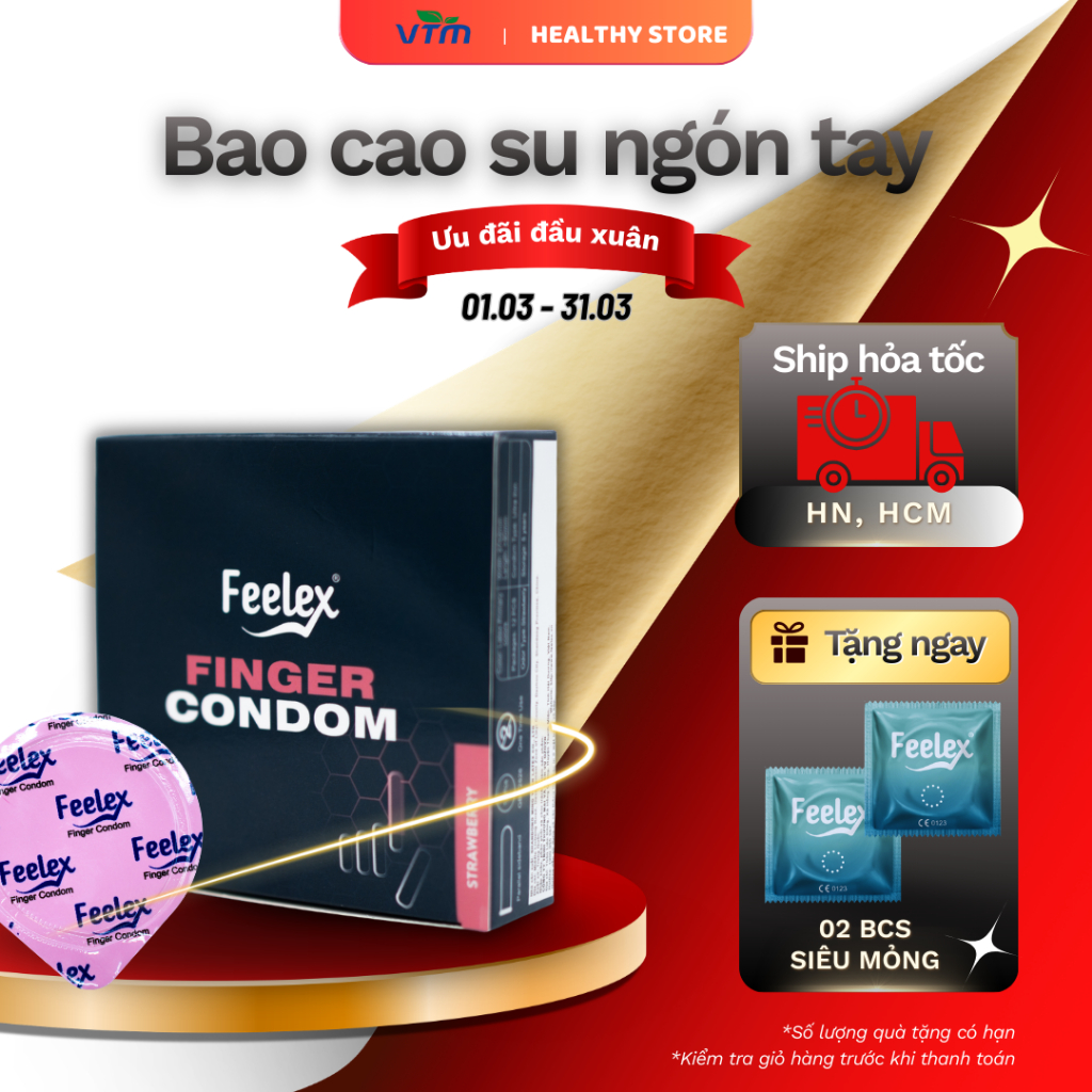 Bao cao su ngón tay Fellex Finger nhiều gel bôi trơn, an toàn cho cô bé, hương dâu - hộp 12 chiếc