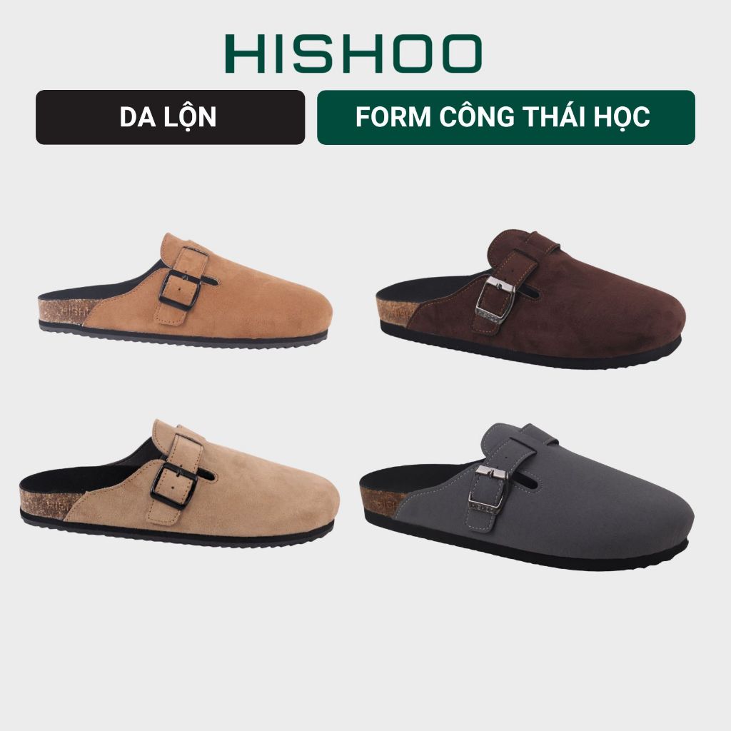 Dép đế trấu sục Boston nam nữ unisex quai ngang da lộn (Xám/ Kem/Bò) đi học công sở bigsize chính hãng Hishoo VNXK R109