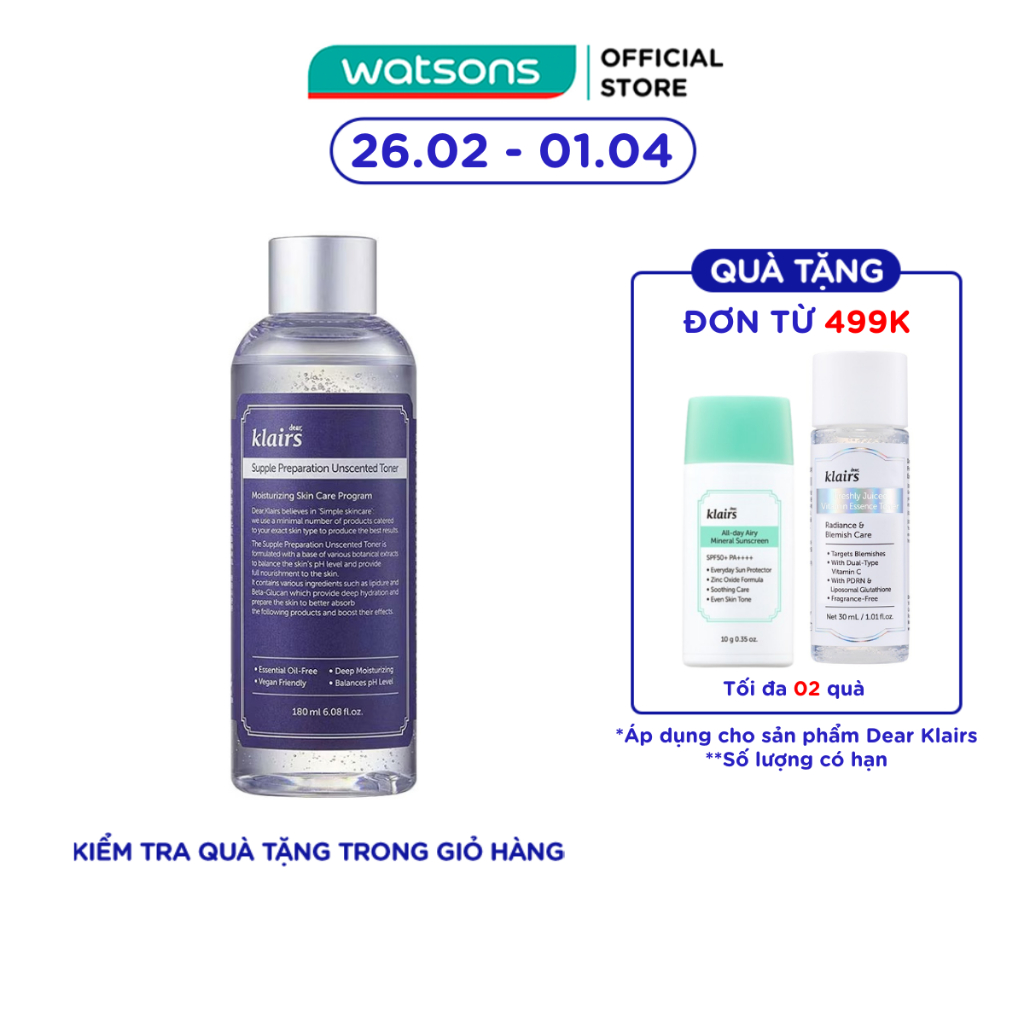 Nước Hoa Hồng Không Mùi Dear Klairs Supple Preparation Unscented 180ml