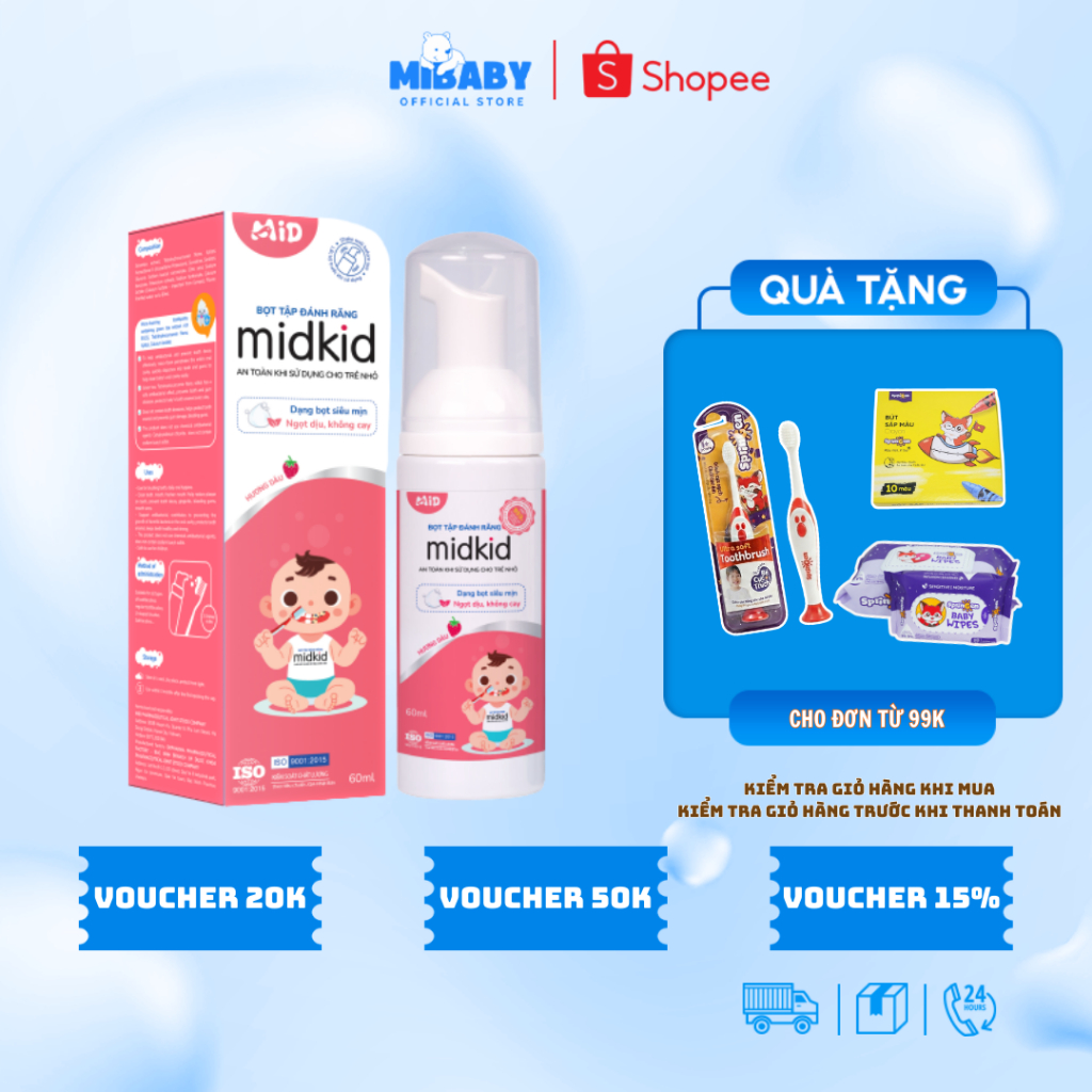 Bọt tâp đánh răng Midkid vị Dâu 60ml chính hãng vị ngọt cho bé từ 1 tuổi, hữu cơ, dạng bọt mịn tan nhanh