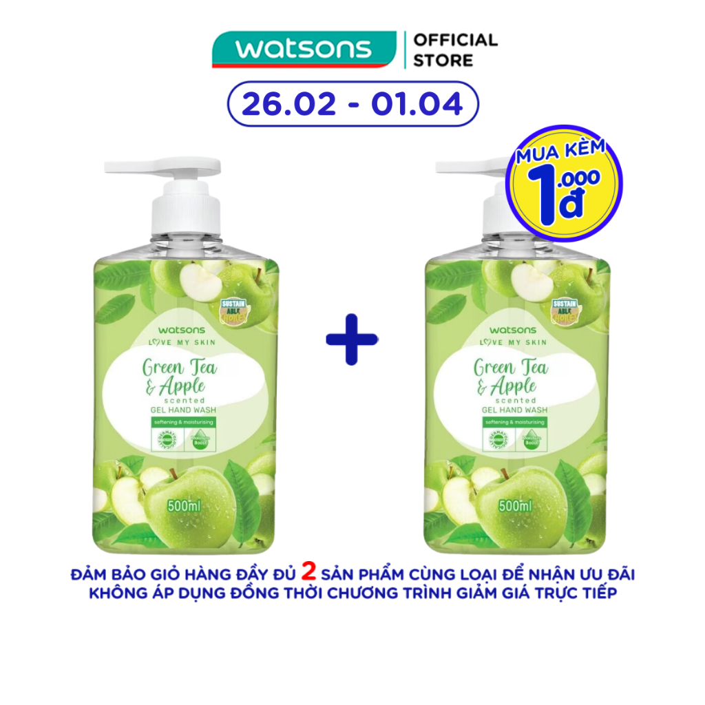Gel Rửa Tay Watsons Love My Skin Green Tea Apple Scented Gel Hand Wash 500ml
