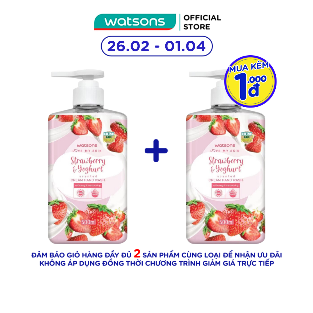 Kem Rửa Tay Watsons Love My Skin Strawberry Yoghurt Scented Cream Hand Wash 500ml
