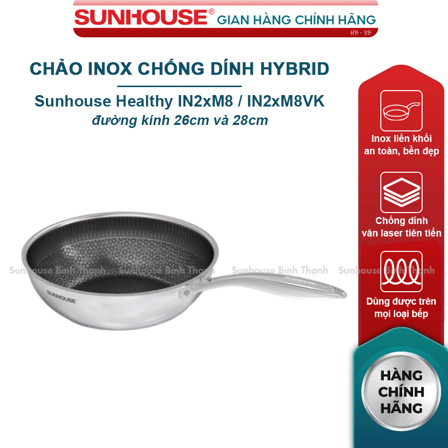 Chảo sâu lòng inox liền đáy Sunhouse Healthy IN28M8, IN26M8VK size 28cm, 26cm dùng được bếp từ