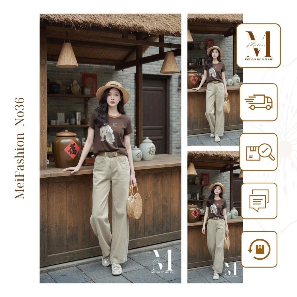 Set Đồ Nữ MeiMei Áo Thun Thời Trang Phối Quần Kaki Ống Suông ST25298 Ver4