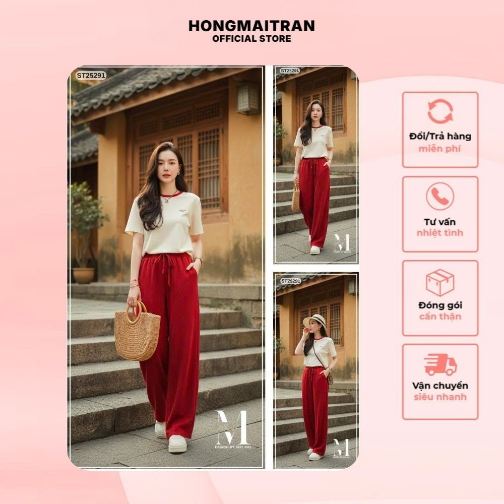 Set Bộ Nữ MeiMei Áo Thun Nữ Phối Quần Ống Rộng Đỏ Basic Thời Trang Thanh Lịch ST25291