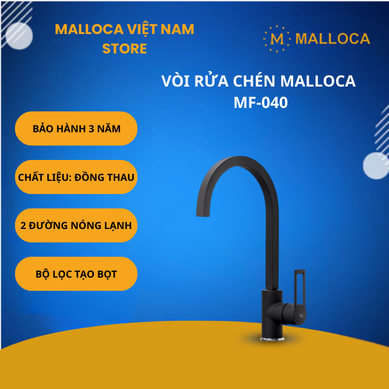Vòi Rửa Chén Malloca MF-040 – 2 Nguồn Nước Nóng Lạnh – Đồng Thau Sơn Giả Đá – Thiết Kế Hiện Đại