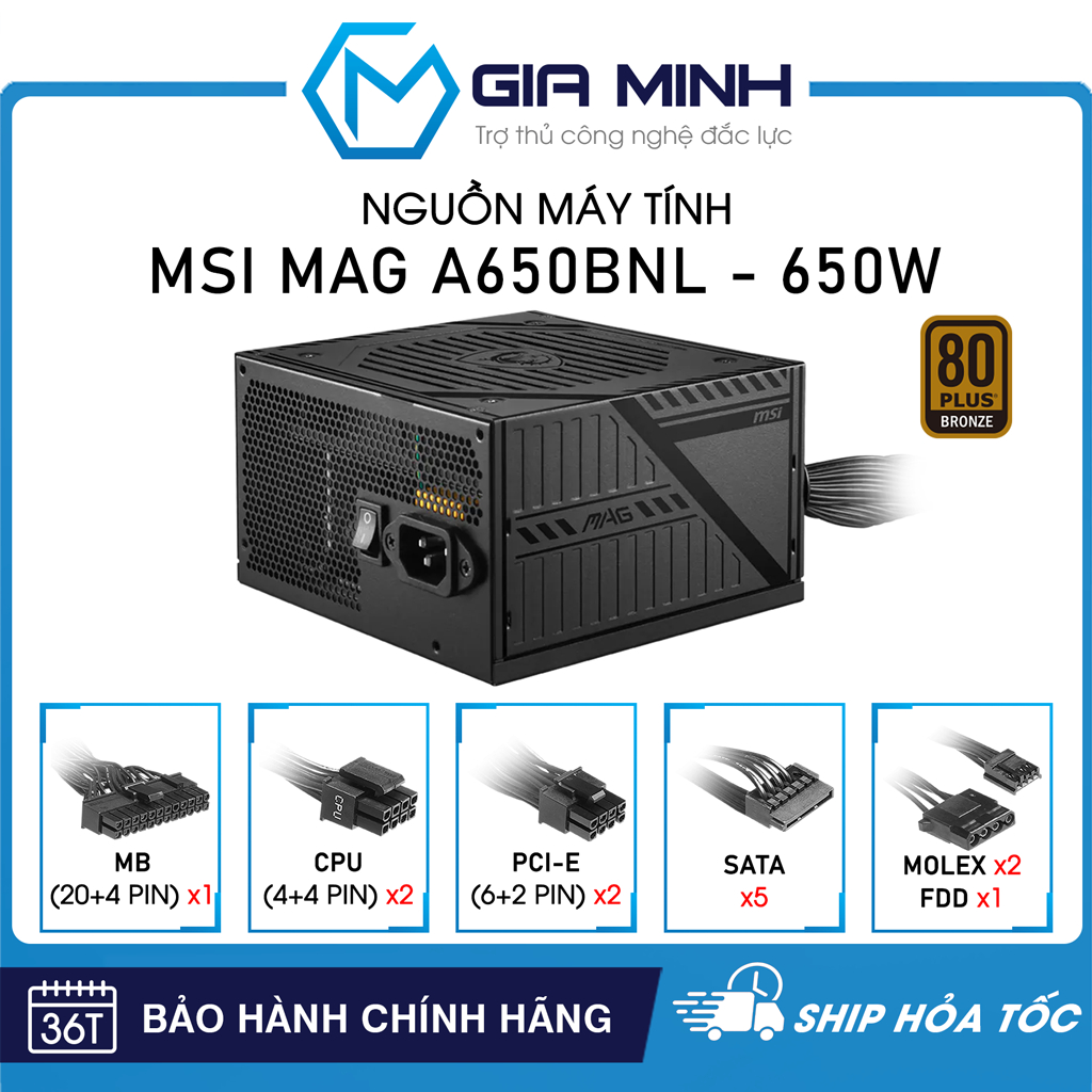Nguồn Máy Tính MSI MAG A650BNL - 650w 80 Plus Bronze - Full VAT - Bảo Hành 36 Tháng