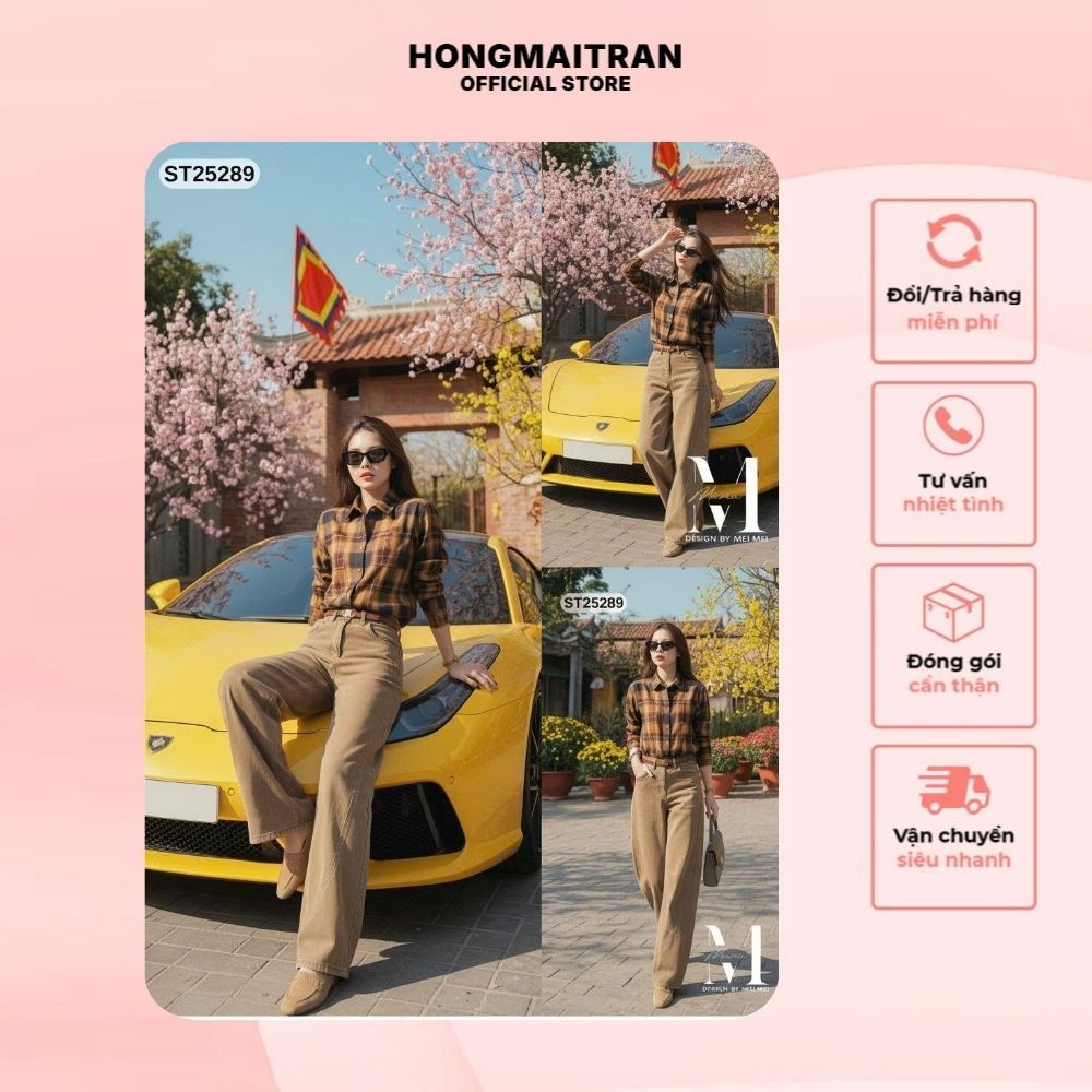 Set Đồ Nữ Công Sở MeiMei Thời Trang Họa Tiết Kẻ Ô Vuông Thanh Lịch Quần Kaki ST25289