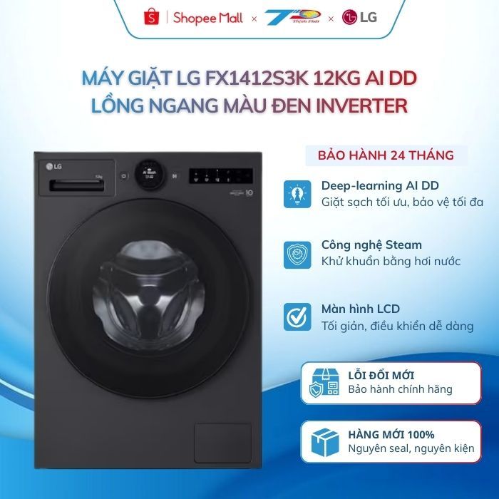 Máy giặt LG FX1412S3K 12kg AI DD lồng ngang màu đen Inverter BH chính hãng| Lđặt nội thành HN và qua
