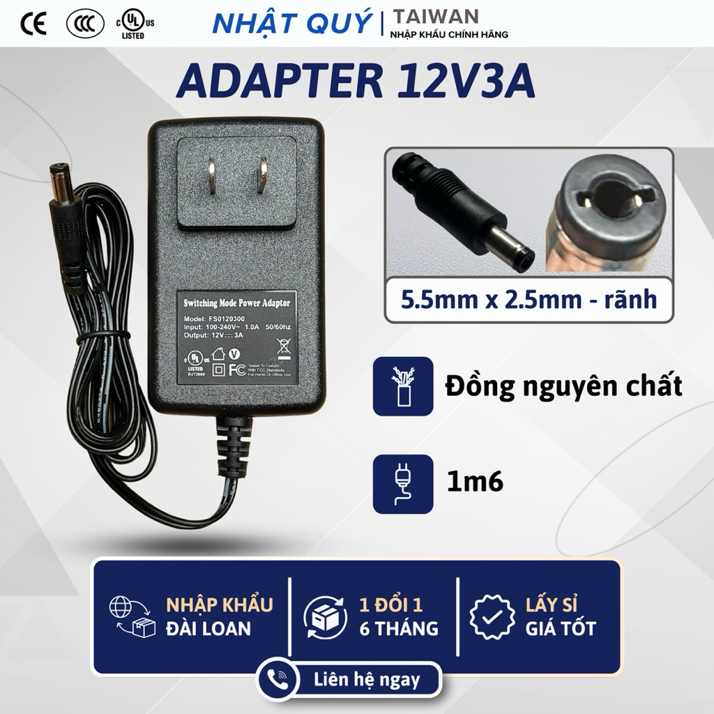 Nguồn Adapter 12v3a - Jack 5.5mm x 2.5mm (rãnh) - Sạc 12v 3a cho camera wifi,...