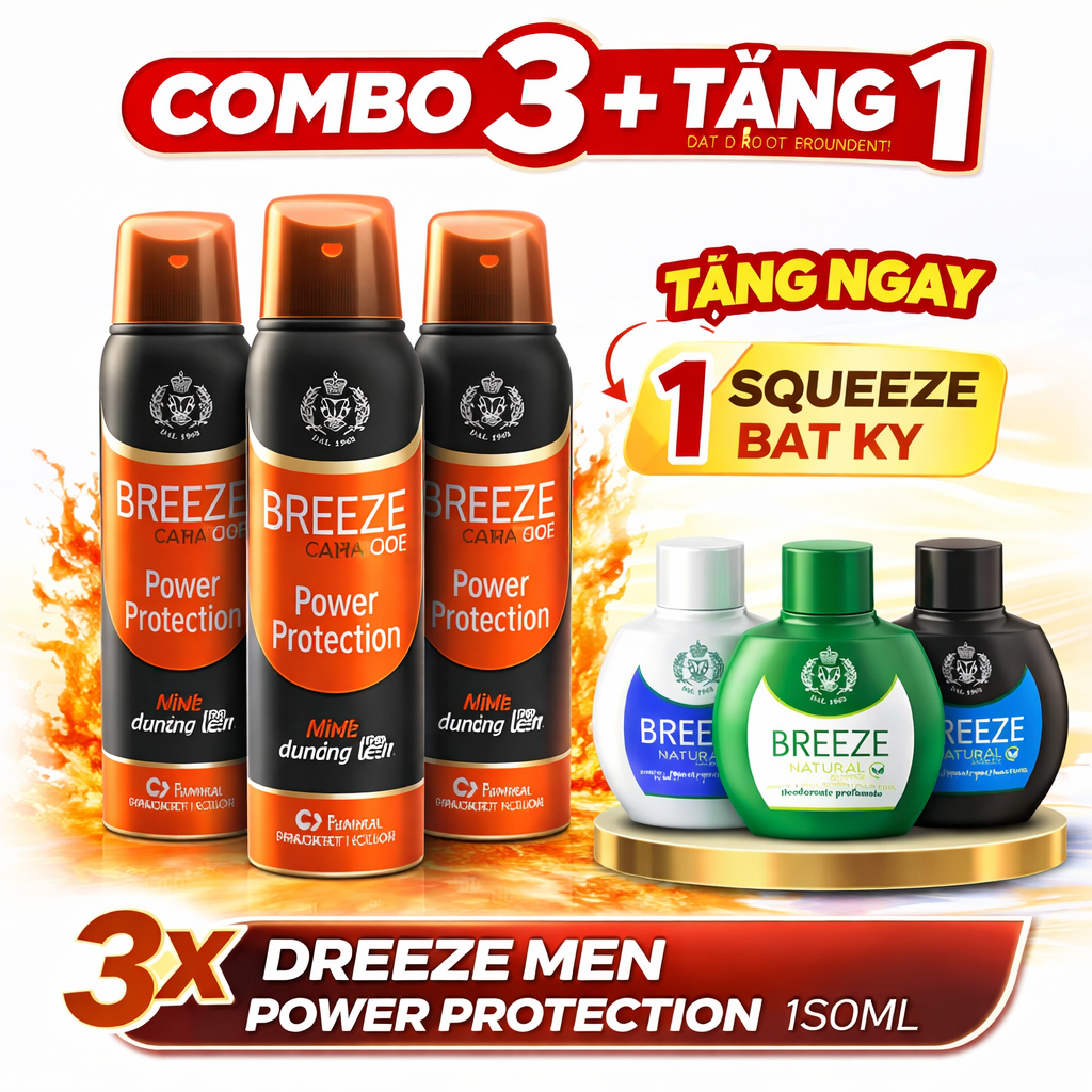 Combo 3 Xịt Khử Mùi Nam Hương Nước Hoa Breeze Men Power Protection 150ml + Tặng 1 Breeze Squeeze